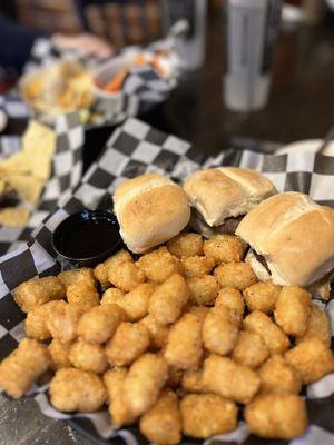 Prime rib sliders with tons of tots