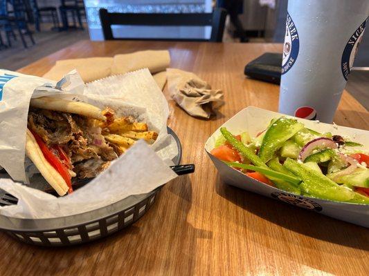 Gyro pita and Greek salad