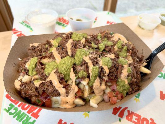 Loaded Fries with birria + salsa verde