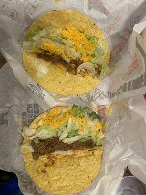 Comparison of Baldwin Park Del Taco versus El Monte Del Taco bottom. Way more meat, cheese and lettuce in the El Monte taco.