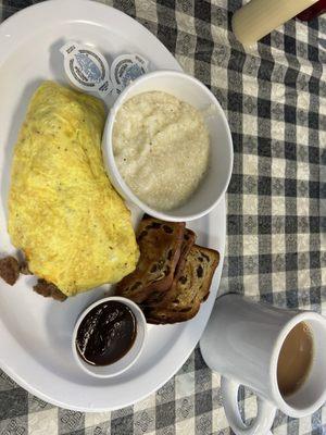 Sausage Cheese Omelet w/Grits, Raisin Toast and Plenty of Good Hot Coffee