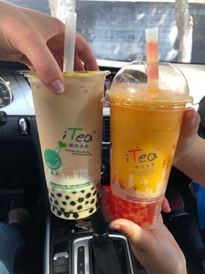 Pearl milk boba tea & mango crystal w/strawberry bursting boba