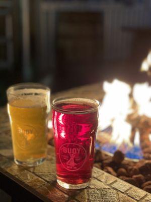 Outdoor covered patio seating with fire pits - Goshi Estate Farmhouse Ale and Guest Incline Marionberry Cider