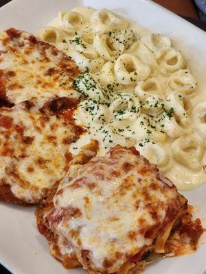 Special combo with chicken parm, lasagna and tortellini Alfredo