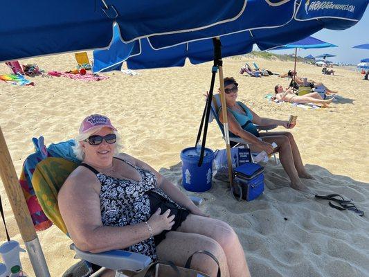 Relaxing at Nags Head with Farm Dog chairs and umbrellas!