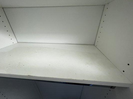 Uncleaned closet shelves. Heavy dust build up. Reachable via step ladder. They just ignored it all together.