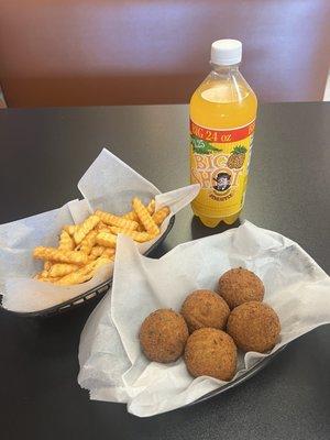 Boudin Balls, French fries, Big Shot Pineapple