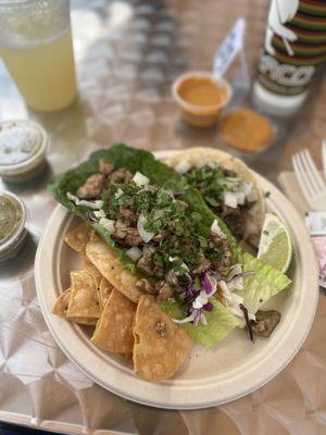 Jerk chicken lettuce wrap and Carnitas Mini Street Taco