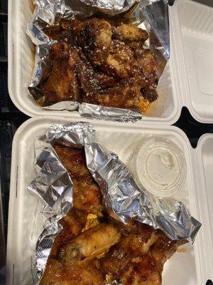 Spicy garlic parm and Hot honey glaze Wings