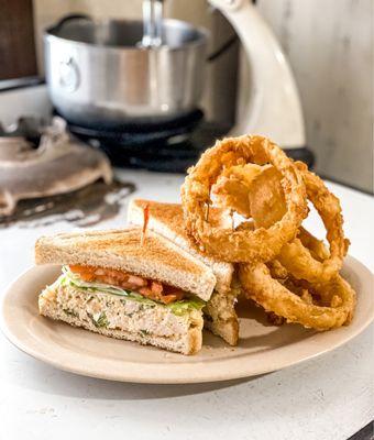 Chicken salad sandwich with homemade onion rings!