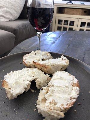 Who says you can't enjoy a glass of cab at 3 pm w/ an everything bagel & temptee schmear? Two of life's delights