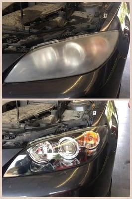 Before/After photo. No filter or photo editing done. Picture as is. Headlight Restoration makes a huge difference in night time visibility!