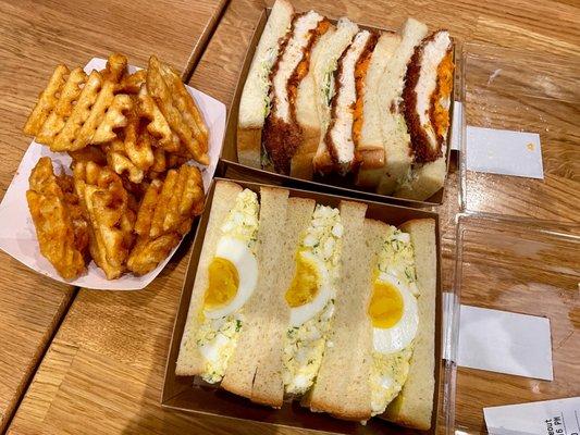 Waffle Fries, rosemary katsu, Dill Egg Salad Sando