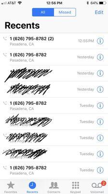 My call log showing the 2 calls on Tuesday, 1 call on Wednesday, and 1 call today.