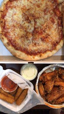 Cheese pizza, mozzarella sticks, and wings.