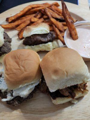 Buncha burgers and sweet potato fries (plus tiger sos)