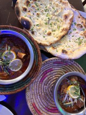 Mutton Kadhai (left) Chicken Achari (right) Chili garlic naan