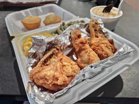 Fried Chicken, Macaroni and Cheese, String Beans with Potatoes, Corn Muffin