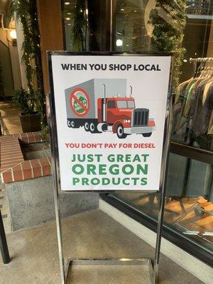 Advertisement falsely claiming that nothing is shipped, but "made in Oregon" locally