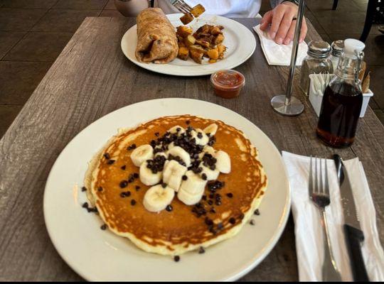 Chocolate chip banana pancake and California burrito