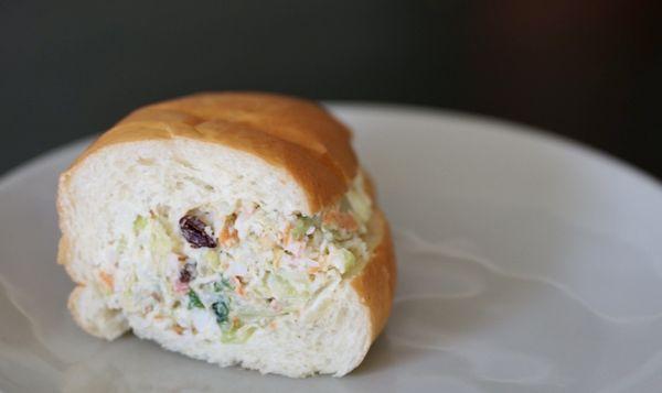 Delicious Korean salad bread. Only available on weekends. So tasty! Seasoning reminds me of a Korean croquette too.