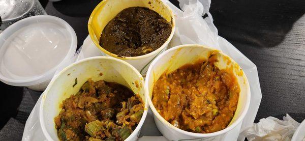 clockwise from top, Aloo Saag, Bangan Bharta, Okra Masala