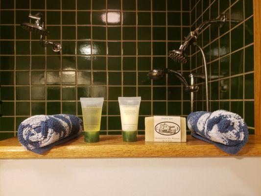 Organic Shampoo, conditioner and Moisturizer and hand made soap available in every room!