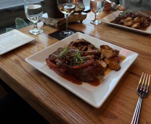 Asian Duck entree & pork chop entree.