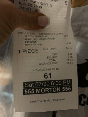 Receipt for 1 (one) small woman's jumpsuit ‍