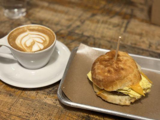 Cappuccino, breakfast sandwich