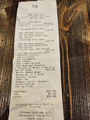 Bill (with incorrect, "prices subject to change anytime" prices from the time we ordered)