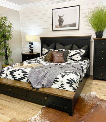 Slate black bed with matching dresser and nightstand