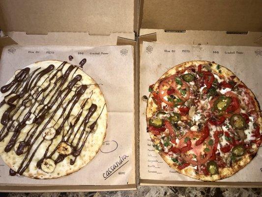 Nutella dessert pizza and a pizza with all of my favorite toppings!! Yummmm!