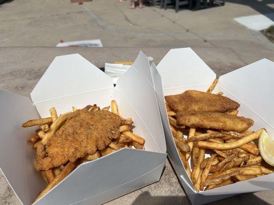 Chicken and fish and chips. We asked for plain fries as the ones the food comes out with is very seasoned.