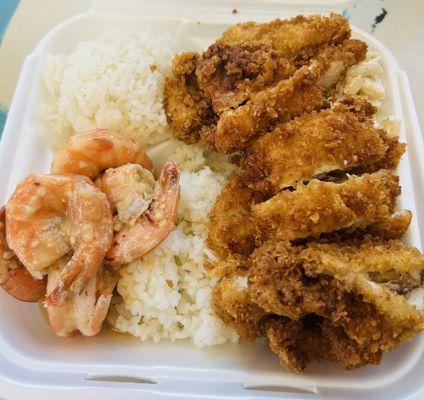 Garlic shrimp and katsu chicken. Rice and Mac salad.