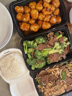 Vegan orange chicken, vegan beef broccoli, vegan chow fen with vegan beef requested (no charge), steamed white rice.