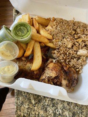 Half chicken and fried rice and fries. Big portion! Delicious chicken!