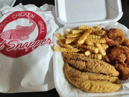 Choose 3 combo! I got 2 fried perch, and I doubled up the 3 jumbo shrimp; 6 shrimp. Bread is underneath, and coleslaw is on the side.