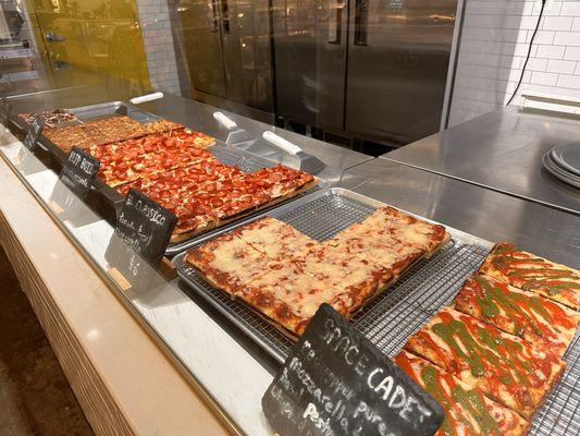 Pizzas on display