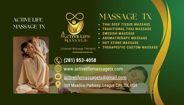 Active Life Massage. In League City, our spa is a haven for reflection and inner discovery. We invite you to enjoy a variety of Massage Spa.