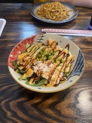 Chicken lo mein and owasso poke bowl