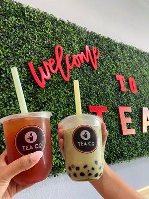 Matcha with boba and Passion Fruit Green Tea (medium)