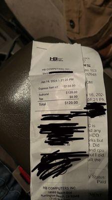 Receipt. Proof of the $120.