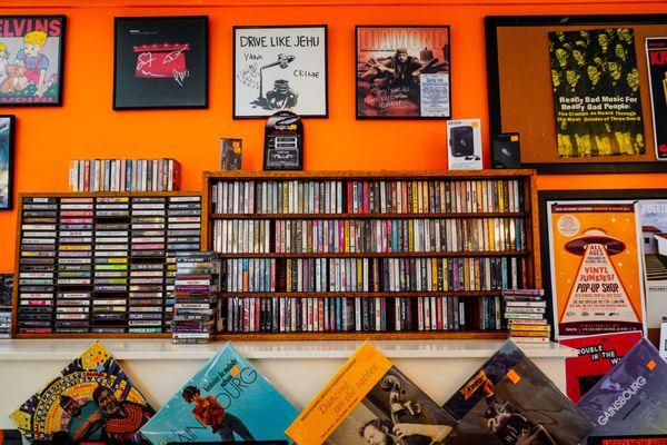 Records, Cassettes, and lots of signed albums on the wall.