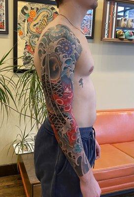 Full Japanese traditional sleeve of Koi, Kintarō & chrysanthemums by Nuco