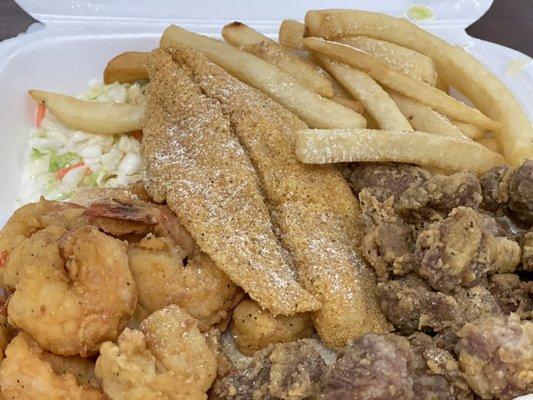 Catfish, chicken gizzards, and shrimp  with fries and coleslaw