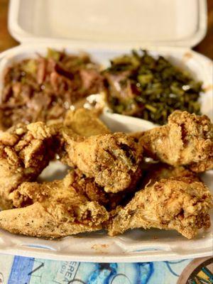 10 piece chicken wings with red beans and rice and collards