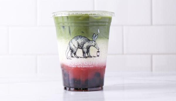 Strawberry Matcha Latte - Organic premium-grade matcha layered over milk and our housemade strawberry puree.