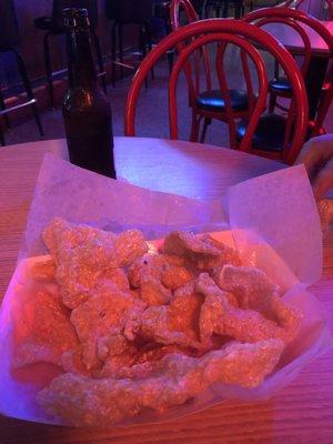 Homemade pork rinds, with jalapeño ranch dip! Hot with fire & hot with spices!!! Yummy!