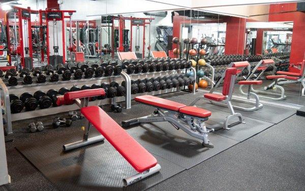 Dumbbells and benches.